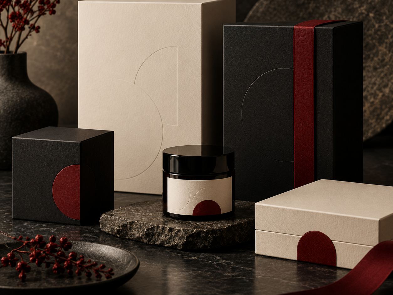 Cardboard packaging in cream and black on a dark surface