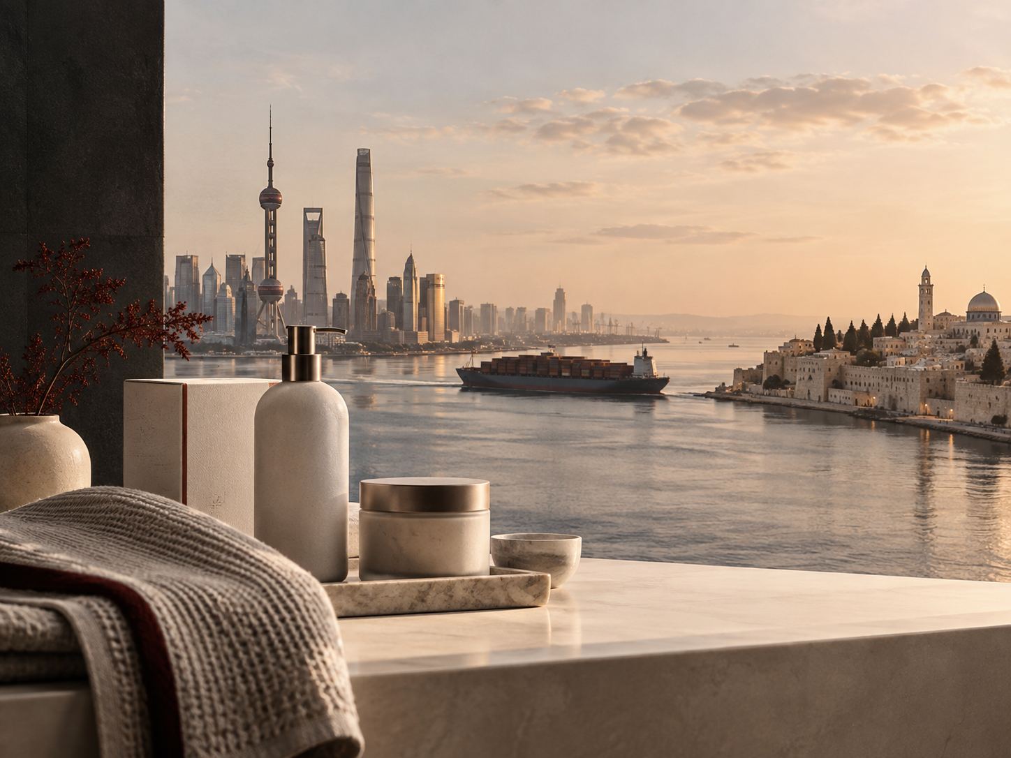 A bottle and a towel on a window sill, with the Shanghai skyline at dusk behind them