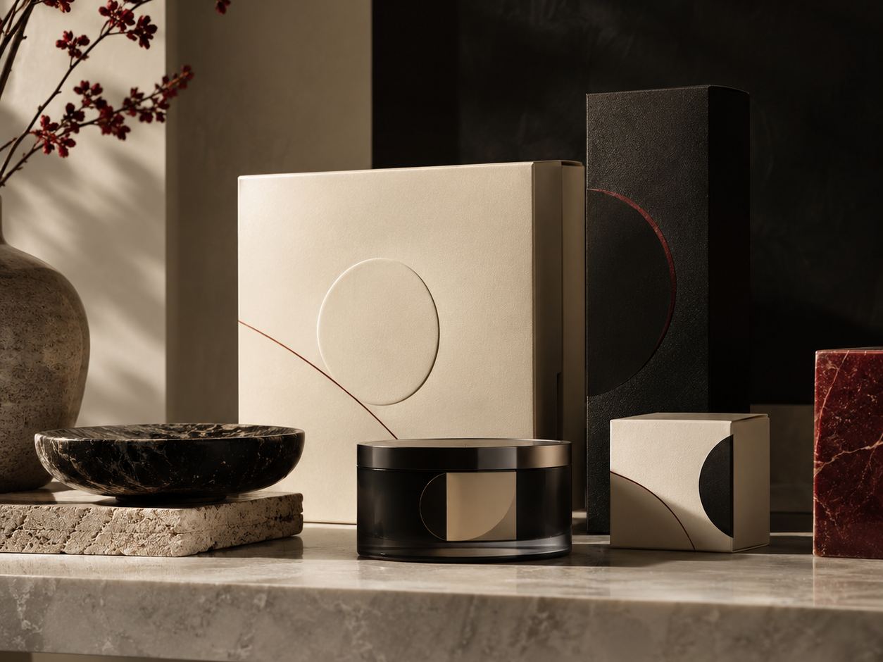 A set of branded packages in cream and black with a jar, on a marble surface