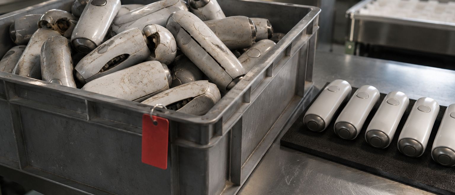 A grey crate of rejected units with a red label, beside a row of good units