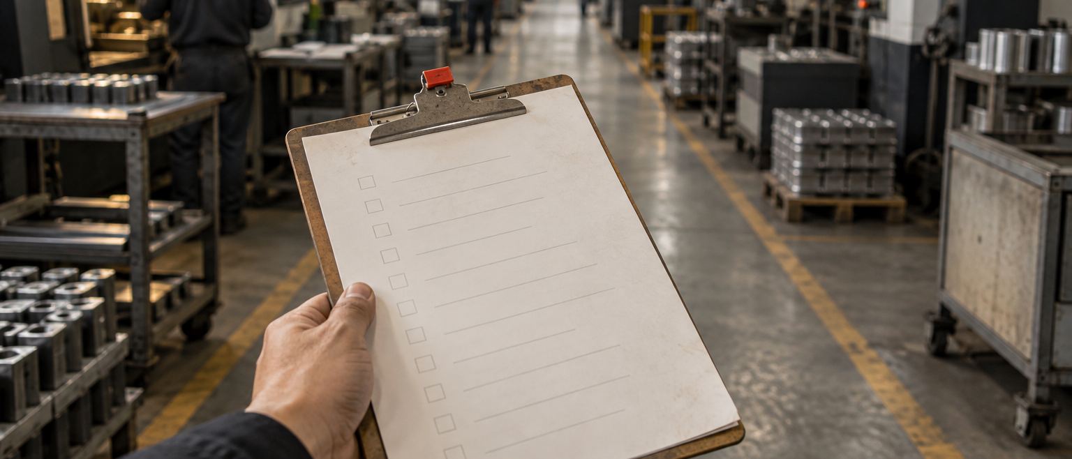 An empty inspection board held in hand, facing a hall of machines during a factory audit