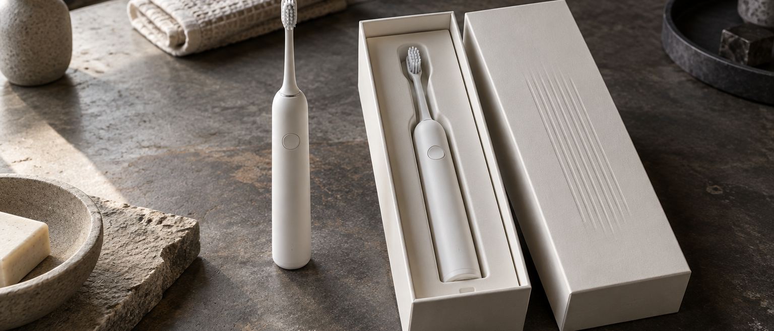 A personal care product beside its packaging box on a dark stone surface