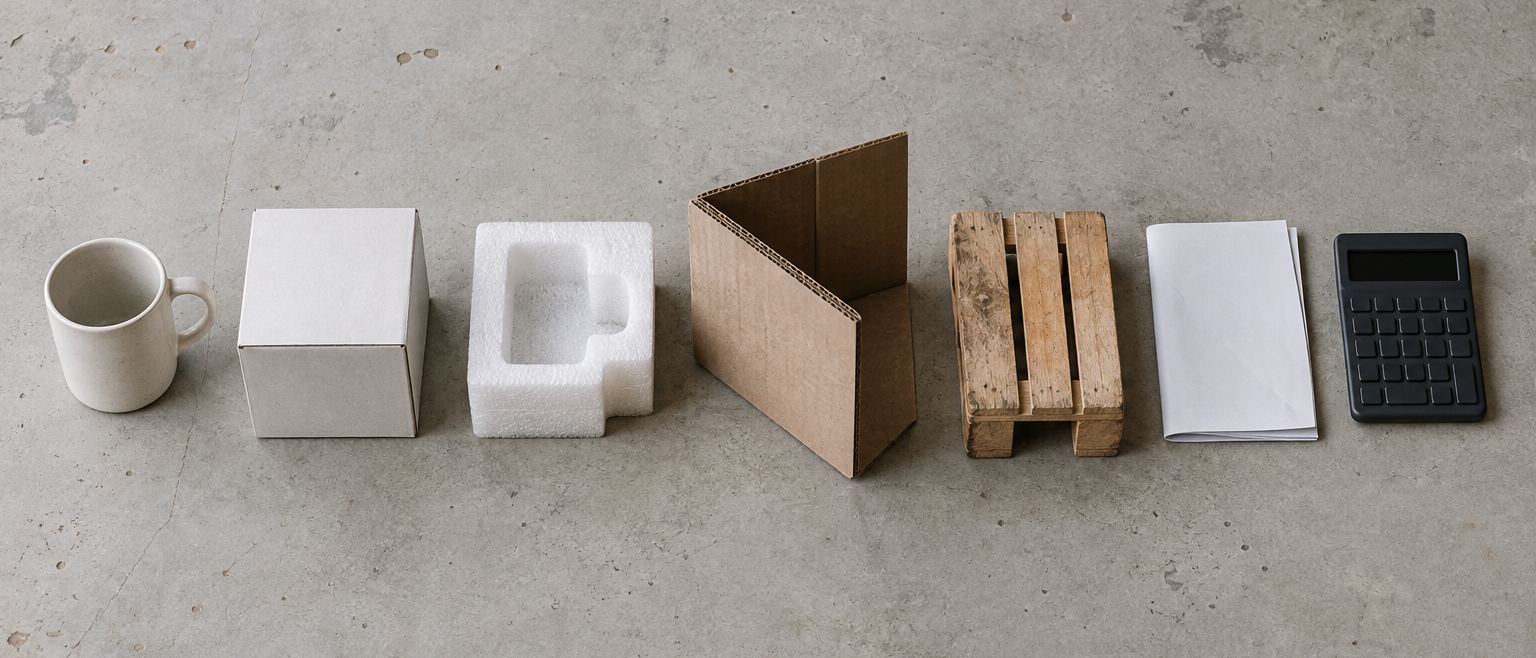 The cost chain laid out on a concrete floor: a mug, a box, filler, a carton, a pallet, documents and a calculator