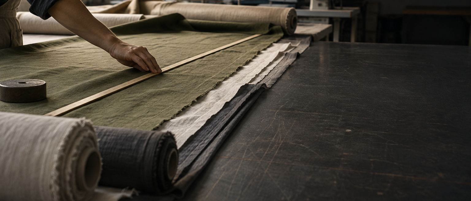 Rolls of fabric spread on a cutting table, a hand measuring with a ruler, sewing machines behind