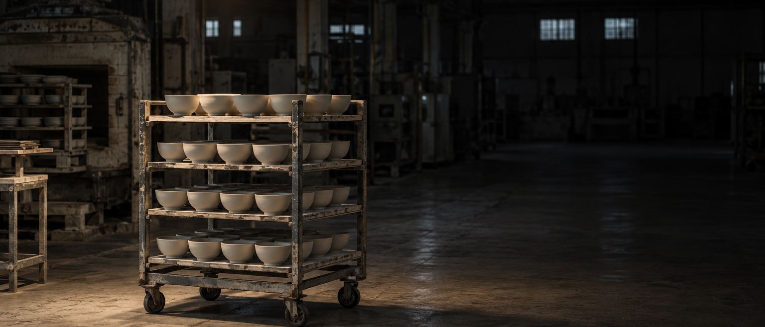 A shelving trolley of white bowls under a single lamp in a dark production hall