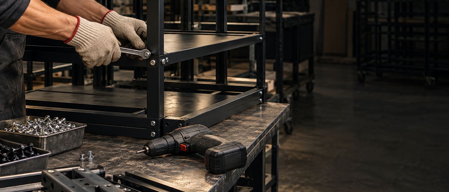 A metal shelving unit being assembled with a spanner, a drill and trays of screws on the table