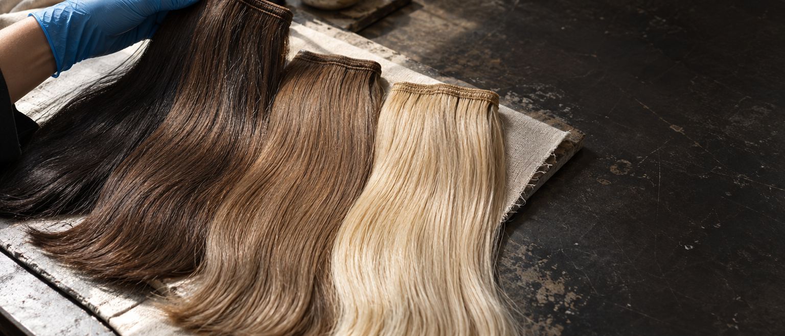 Three hair wefts in different shades on a workbench, a gloved hand holding one of them