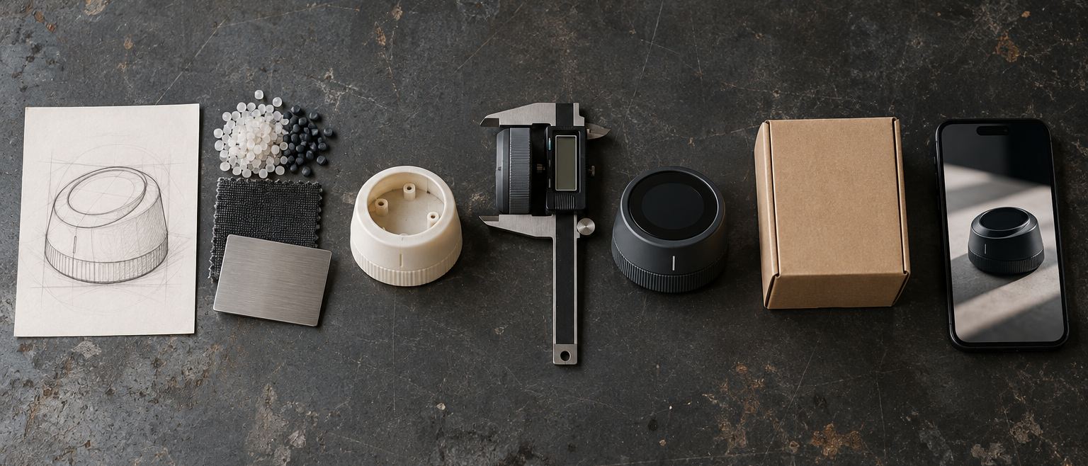 Every stage of a product laid out in a row on a dark surface: sketch, raw granules, prototype, callipers, the finished product, a box and a product page