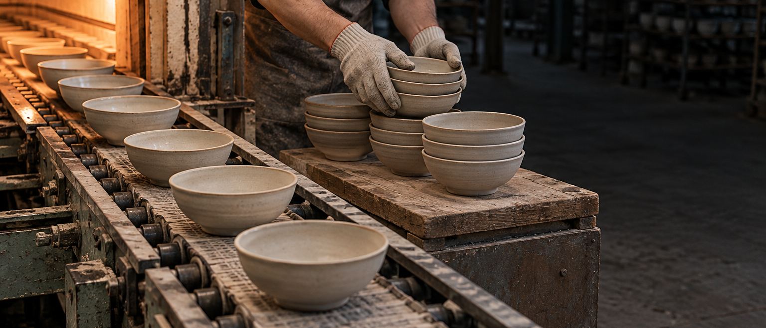 Ceramic bowls coming out of a kiln on a conveyor, a worker stacking them