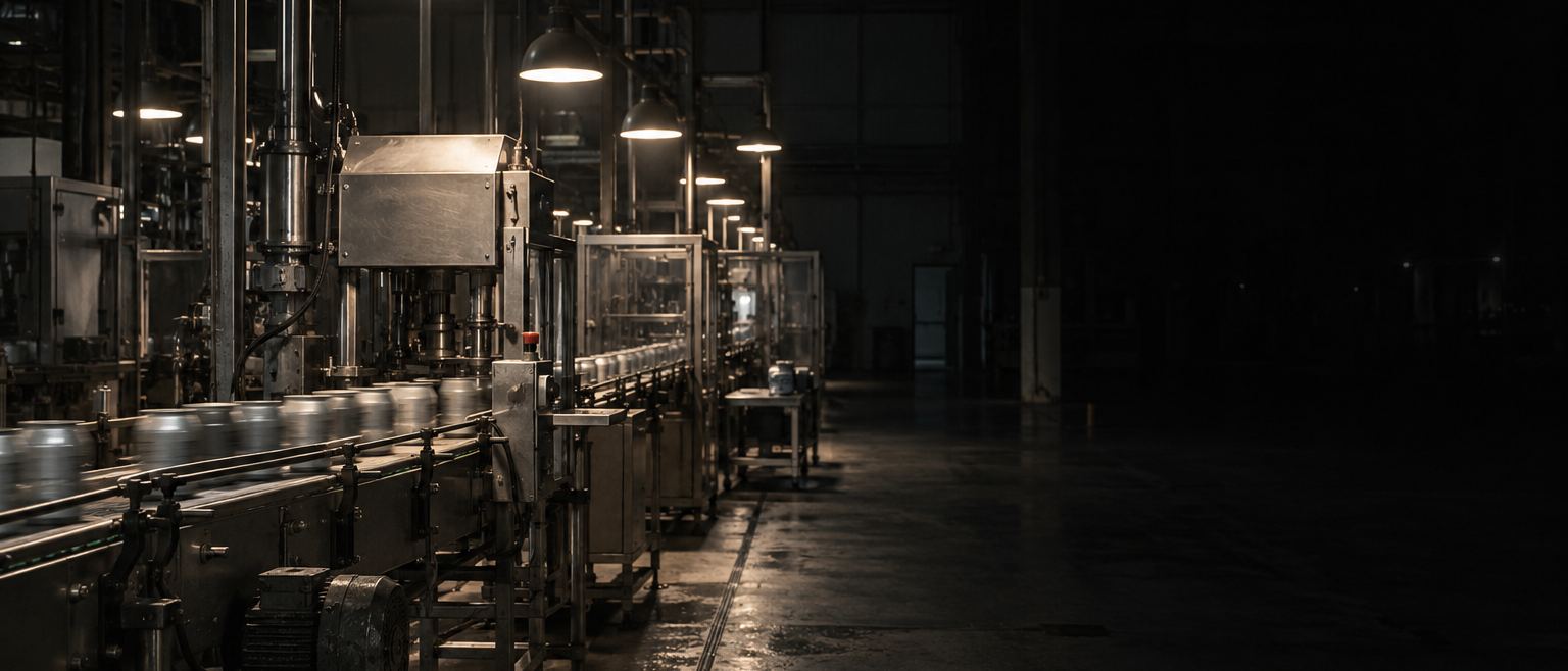 Close-up of a filling line inside a dark production hall, a row of hanging lamps running into the distance