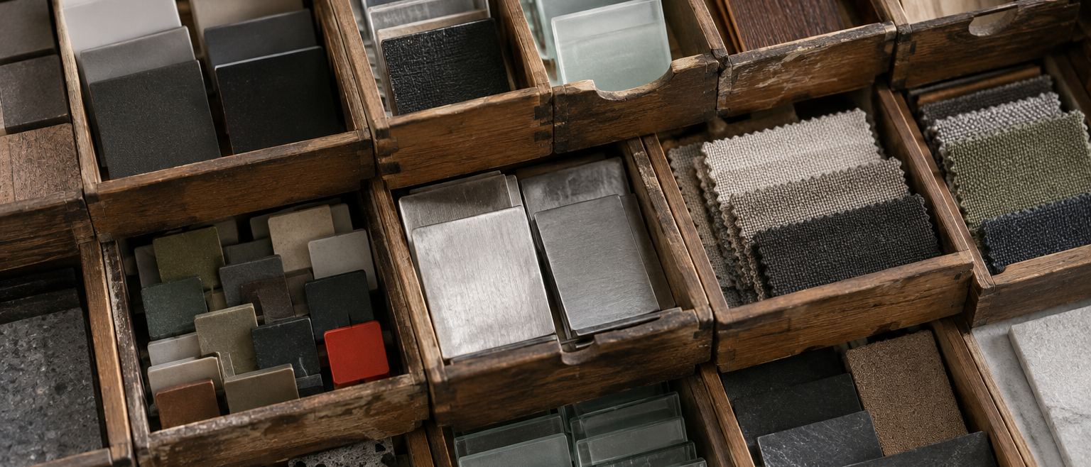 Wooden drawers holding material samples: plastic, glass, wood, metal, fabric and stone