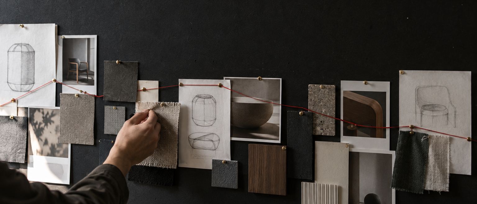 A materials board on a dark wall: sketches, photographs and fabric and stone samples, linked with red thread