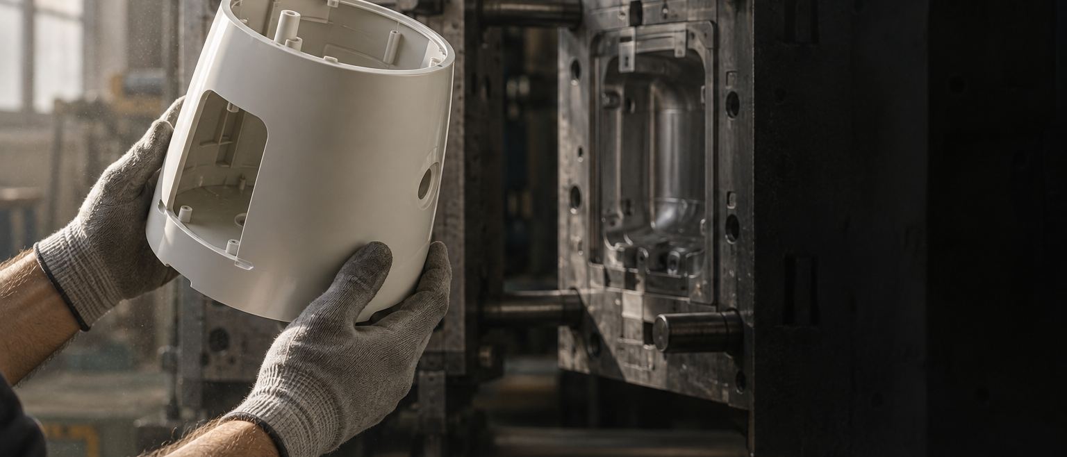 Gloved hands holding a plastic part just out of the mould, in front of an open injection mould