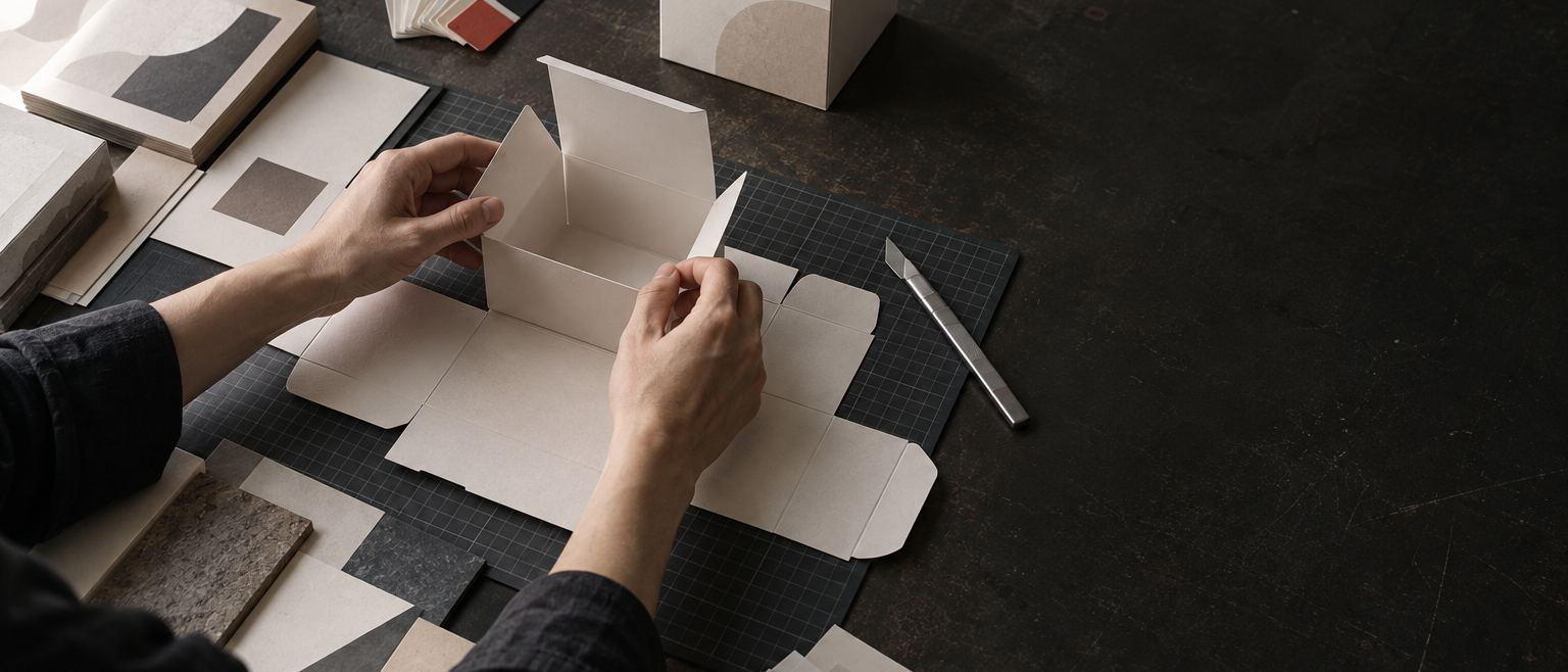 A packaging design table: a folded carton net held by hand, a fan of colour swatches and a finished box