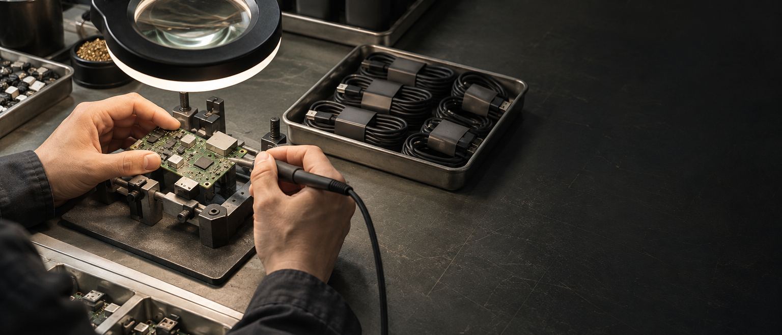 A printed circuit board being probed under a magnifying glass, trays of chargers and cables beside the bench