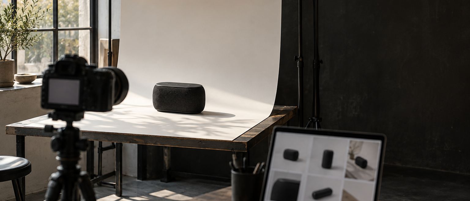 A product photography studio: a camera on a tripod facing a white backdrop, and a laptop showing the shots