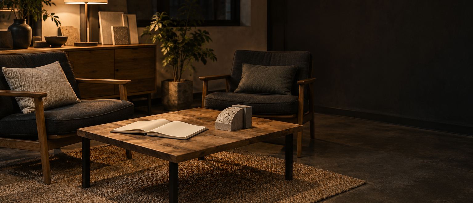 A meeting space with two armchairs, a low table and an open notebook