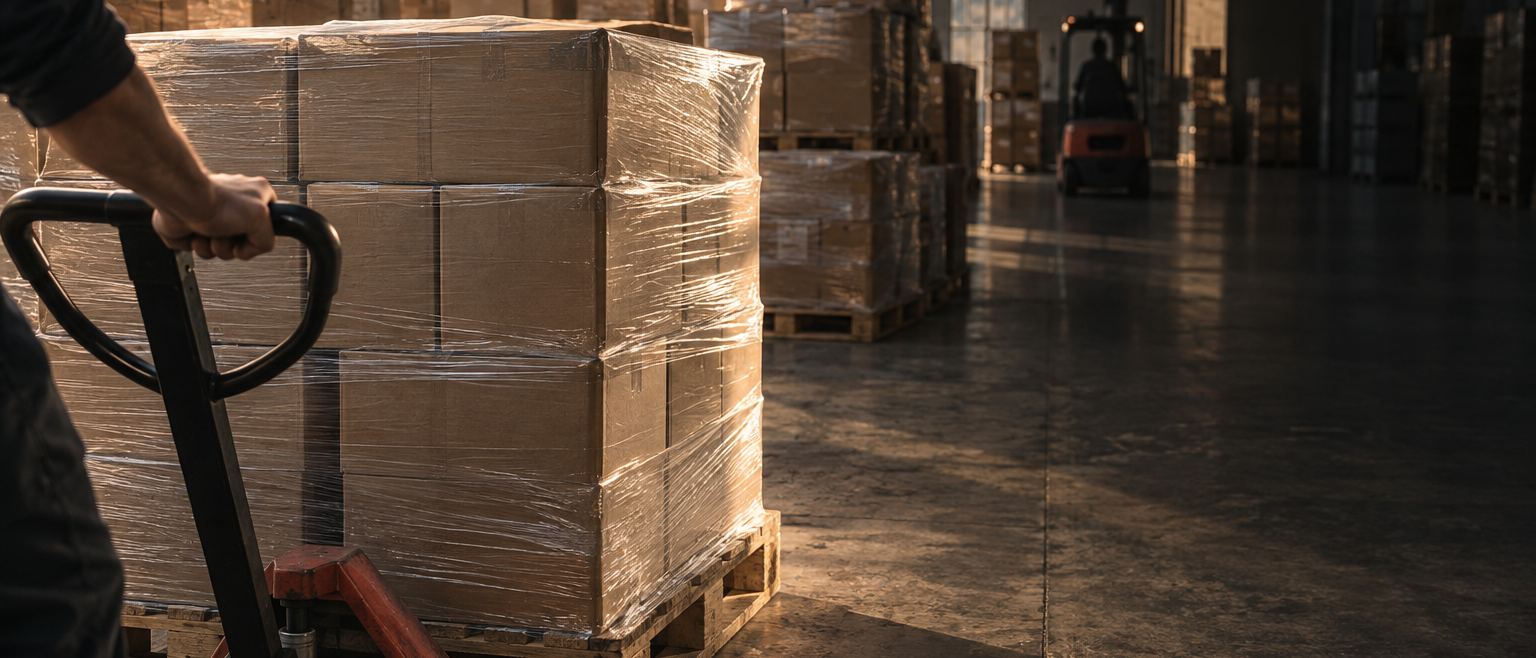 A shrink-wrapped pallet moving on a pallet truck in a warehouse, a forklift behind it