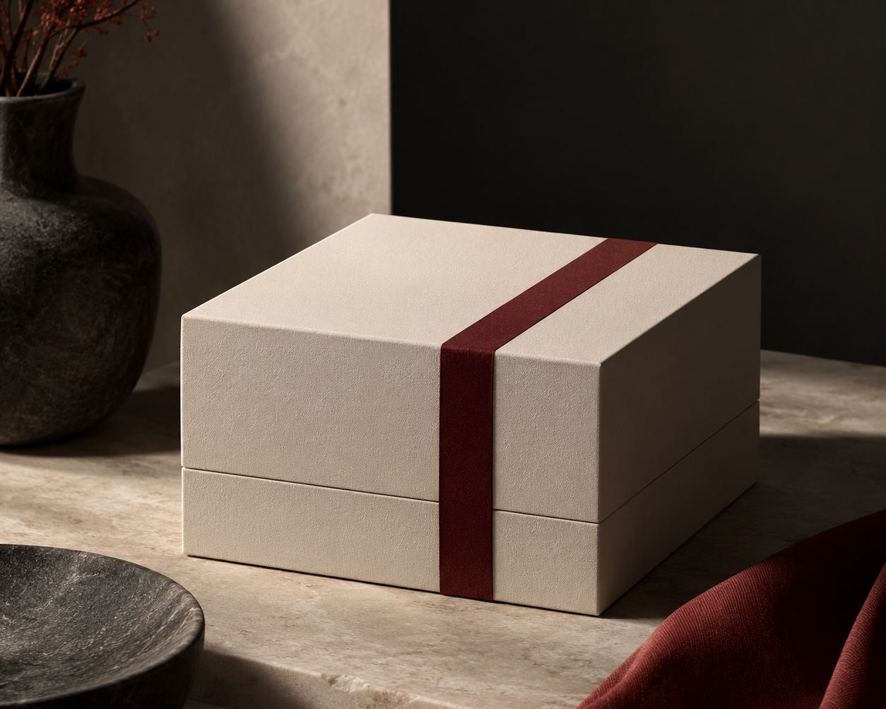 A closed light cardboard box with a red stripe, on a stone surface