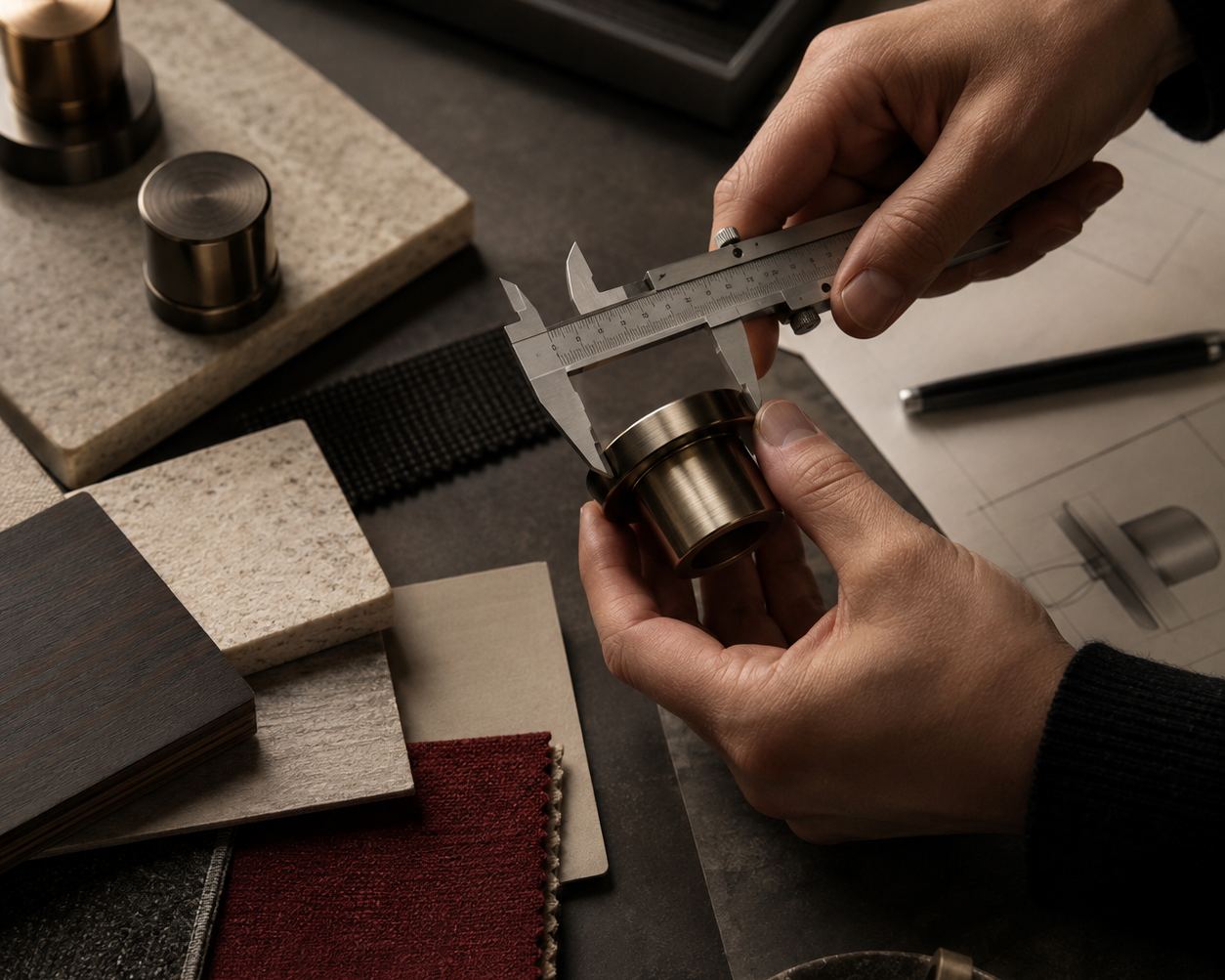 A hand measuring a sample with callipers beside a drawing