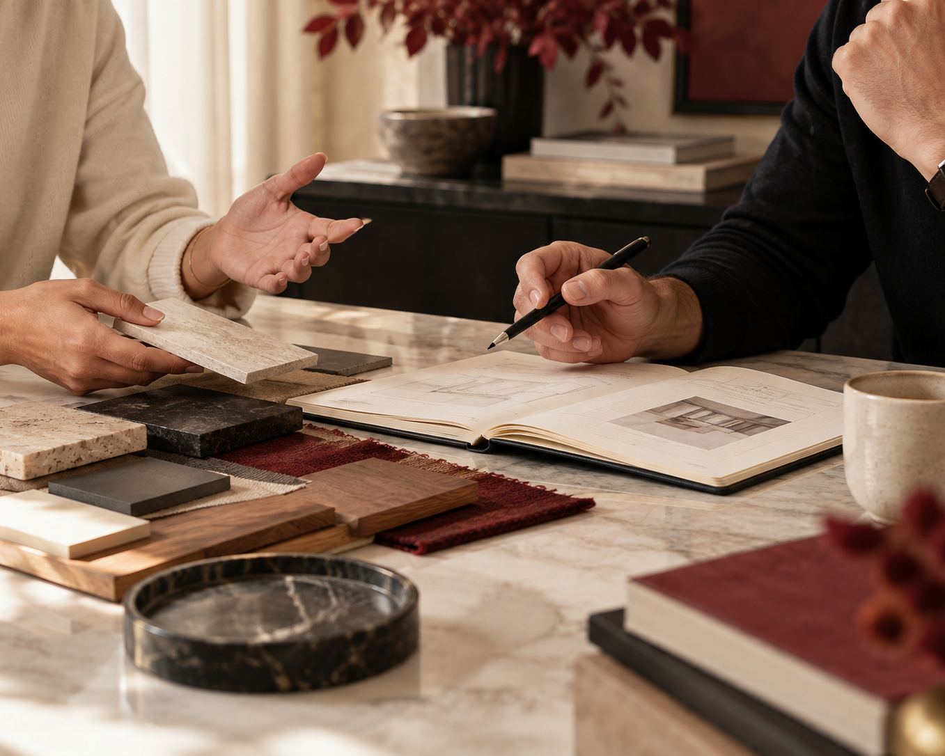 Two people comparing material samples on a stone table