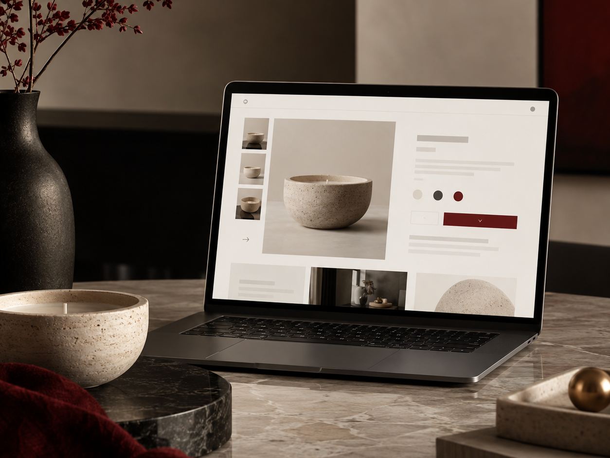 A laptop showing a product page in an online shop, beside a ceramic bowl and a vase