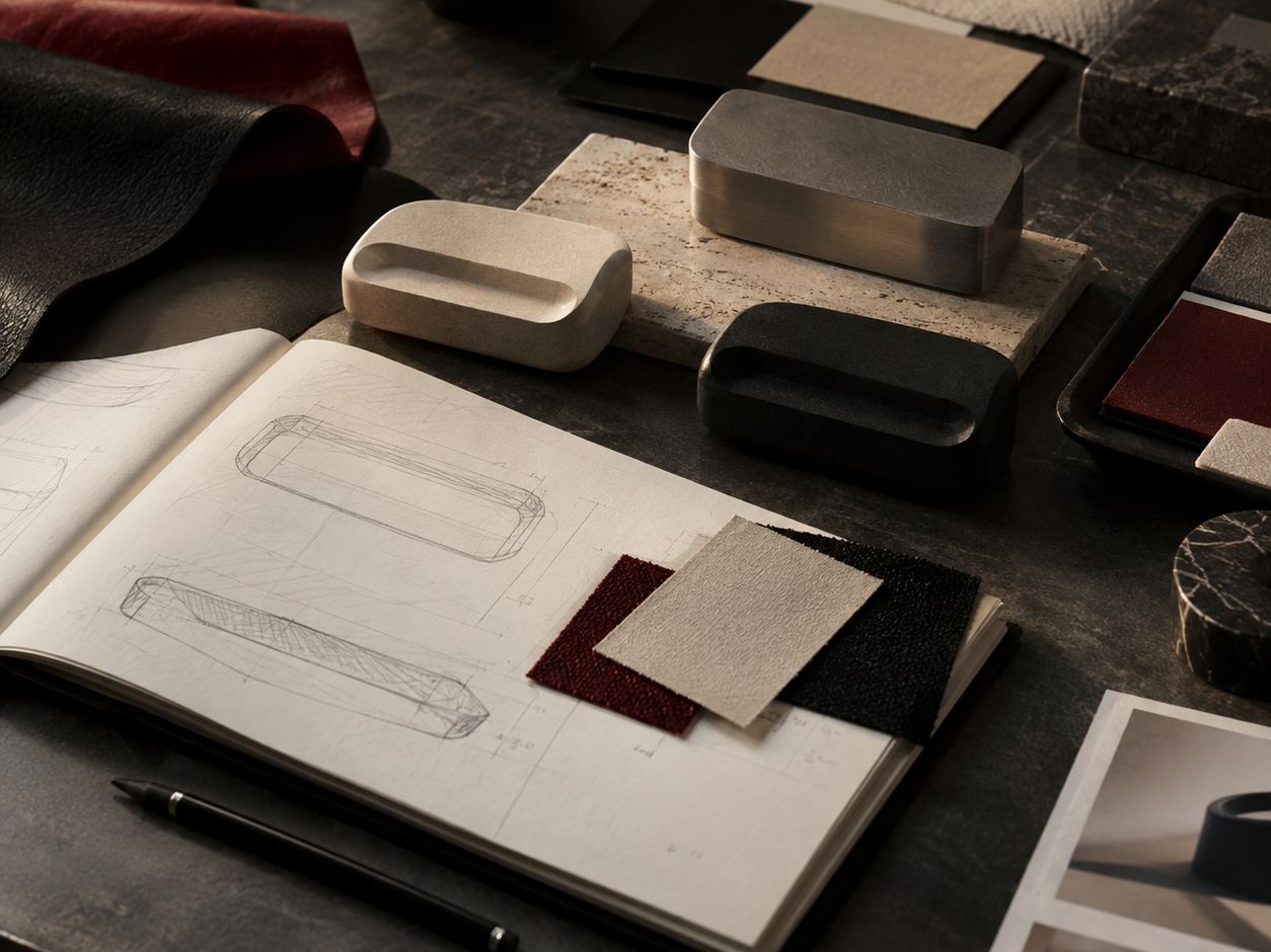 An open sketchbook with product drawings, beside material samples and photographs
